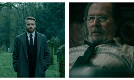 Side-by-side still from Slow Horses: on the left, Jack Lowden stands solemnly in a dark suit and grey overcoat in a misty graveyard; on the right, Gary Oldman wears wire-rimmed glasses and a loosely tied tie, looking forward with a weary expression in a dimly lit room.