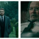 Side-by-side still from Slow Horses: on the left, Jack Lowden stands solemnly in a dark suit and grey overcoat in a misty graveyard; on the right, Gary Oldman wears wire-rimmed glasses and a loosely tied tie, looking forward with a weary expression in a dimly lit room.