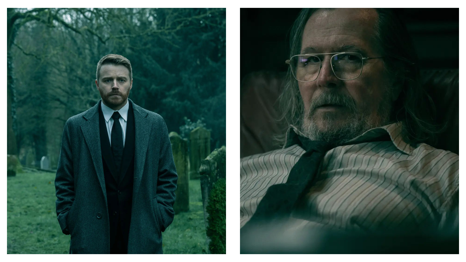 Side-by-side still from Slow Horses: on the left, Jack Lowden stands solemnly in a dark suit and grey overcoat in a misty graveyard; on the right, Gary Oldman wears wire-rimmed glasses and a loosely tied tie, looking forward with a weary expression in a dimly lit room.