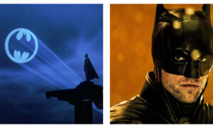 Batman standing on a dark, blue-lit rooftop facing a projected bat-signal, alongside a close-up portrait of Batman in a textured black cowl against an amber background.