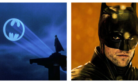 Batman standing on a dark, blue-lit rooftop facing a projected bat-signal, alongside a close-up portrait of Batman in a textured black cowl against an amber background.
