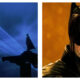 Batman standing on a dark, blue-lit rooftop facing a projected bat-signal, alongside a close-up portrait of Batman in a textured black cowl against an amber background.