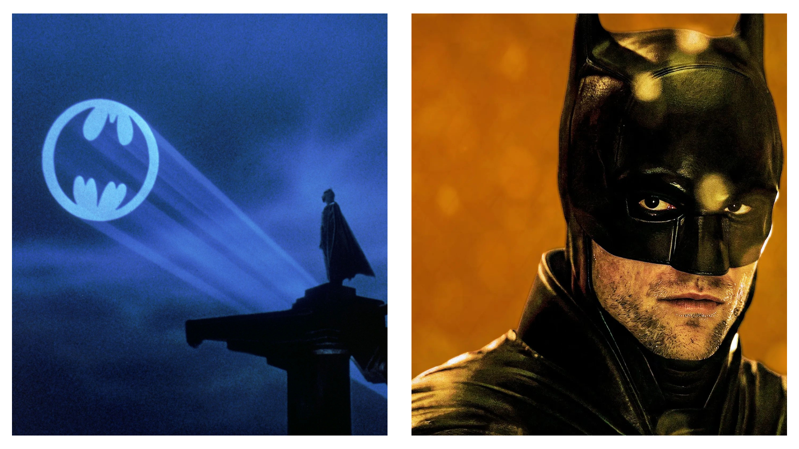 Batman standing on a dark, blue-lit rooftop facing a projected bat-signal, alongside a close-up portrait of Batman in a textured black cowl against an amber background.