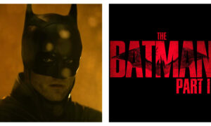 A split image featuring Robert Pattinson in his Batman cowl on the left under a warm, golden glow, alongside the title logo "THE BATMAN PART II" in distressed red text on a black background on the right.