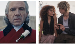 Side-by-side promotional stills from The Hunger Games: Sunrise on the Reaping: on the left, an intense close-up of Ralph Fiennes as President Coriolanus Snow wearing a red coat with a white rose on his lapel; on the right, Whitney Peak as Lenore Dove Baird sits beside Joseph Zada as Haymitch Abernathy in a rustic setting.