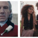 Side-by-side promotional stills from The Hunger Games: Sunrise on the Reaping: on the left, an intense close-up of Ralph Fiennes as President Coriolanus Snow wearing a red coat with a white rose on his lapel; on the right, Whitney Peak as Lenore Dove Baird sits beside Joseph Zada as Haymitch Abernathy in a rustic setting.