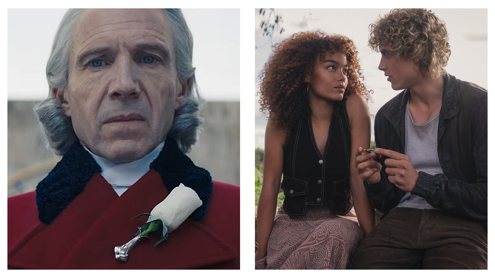 Side-by-side promotional stills from The Hunger Games: Sunrise on the Reaping: on the left, an intense close-up of Ralph Fiennes as President Coriolanus Snow wearing a red coat with a white rose on his lapel; on the right, Whitney Peak as Lenore Dove Baird sits beside Joseph Zada as Haymitch Abernathy in a rustic setting.