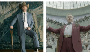 Two promotional film stills positioned side by side, featuring actor Tom Cruise as Digger Rockwell in western attire. On the left, he wears a light blue suit, cowboy hat, and bolo tie while resting a hand on a spade; on the right, he stands with arms outstretched in a maroon suit inside a steeply tiered auditorium.