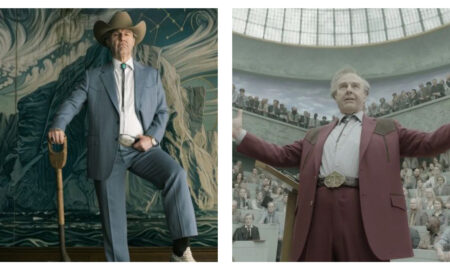 Two promotional film stills positioned side by side, featuring actor Tom Cruise as Digger Rockwell in western attire. On the left, he wears a light blue suit, cowboy hat, and bolo tie while resting a hand on a spade; on the right, he stands with arms outstretched in a maroon suit inside a steeply tiered auditorium.