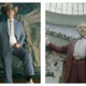 Two promotional film stills positioned side by side, featuring actor Tom Cruise as Digger Rockwell in western attire. On the left, he wears a light blue suit, cowboy hat, and bolo tie while resting a hand on a spade; on the right, he stands with arms outstretched in a maroon suit inside a steeply tiered auditorium.