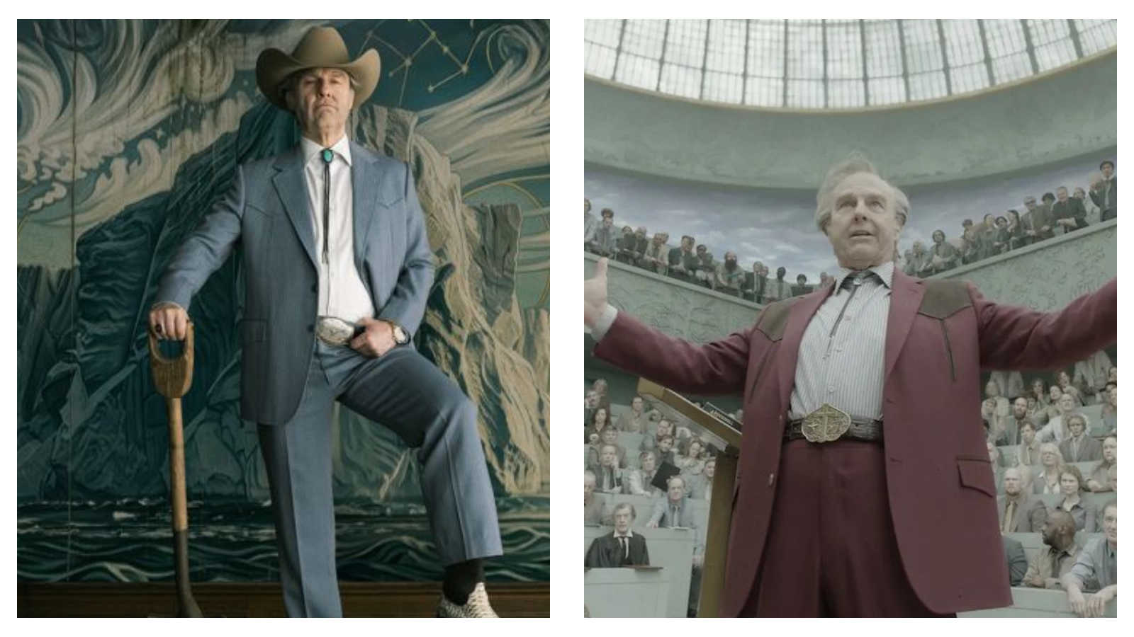 Two promotional film stills positioned side by side, featuring actor Tom Cruise as Digger Rockwell in western attire. On the left, he wears a light blue suit, cowboy hat, and bolo tie while resting a hand on a spade; on the right, he stands with arms outstretched in a maroon suit inside a steeply tiered auditorium.